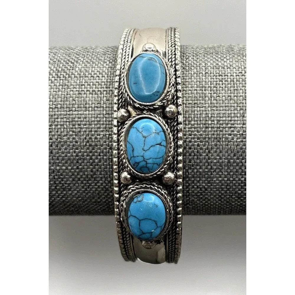 Vintage Faux Turquoise Cabochon Cuff Bracelet Made in India Boho Silver Tone